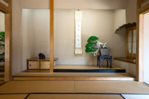 Inside a traditional Japanese tea ceremony room with bonsai